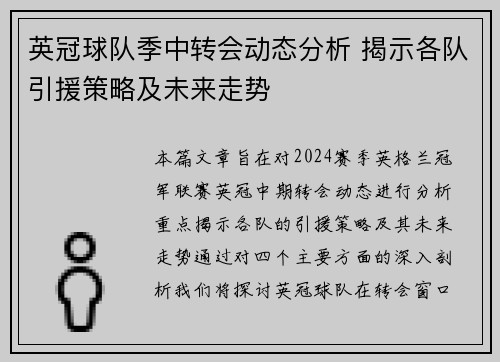 英冠球队季中转会动态分析 揭示各队引援策略及未来走势