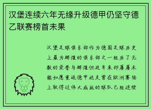 汉堡连续六年无缘升级德甲仍坚守德乙联赛榜首未果