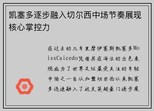 凯塞多逐步融入切尔西中场节奏展现核心掌控力